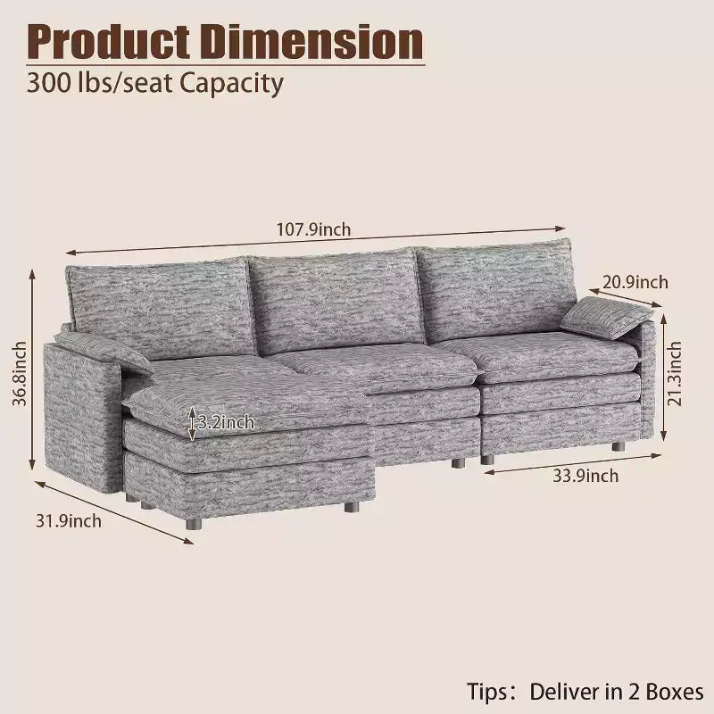 Acekool 108 Modular Sectional Sofa with Ottoman, Deep Seat Cloud Couch, Chenille, L-Shaped, for Living Room