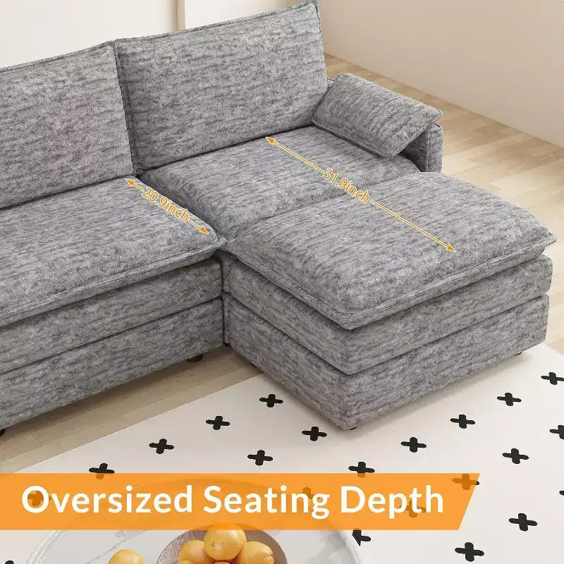 Acekool 108 Modular Sectional Sofa with Ottoman, Deep Seat Cloud Couch, Chenille, L-Shaped, for Living Room
