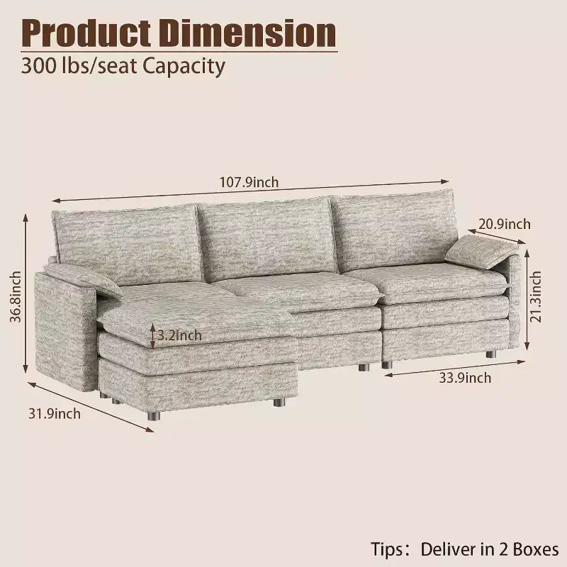 Acekool 108 Modular Sectional Sofa with Ottoman, Deep Seat Cloud Couch, Chenille, L-Shaped, for Living Room