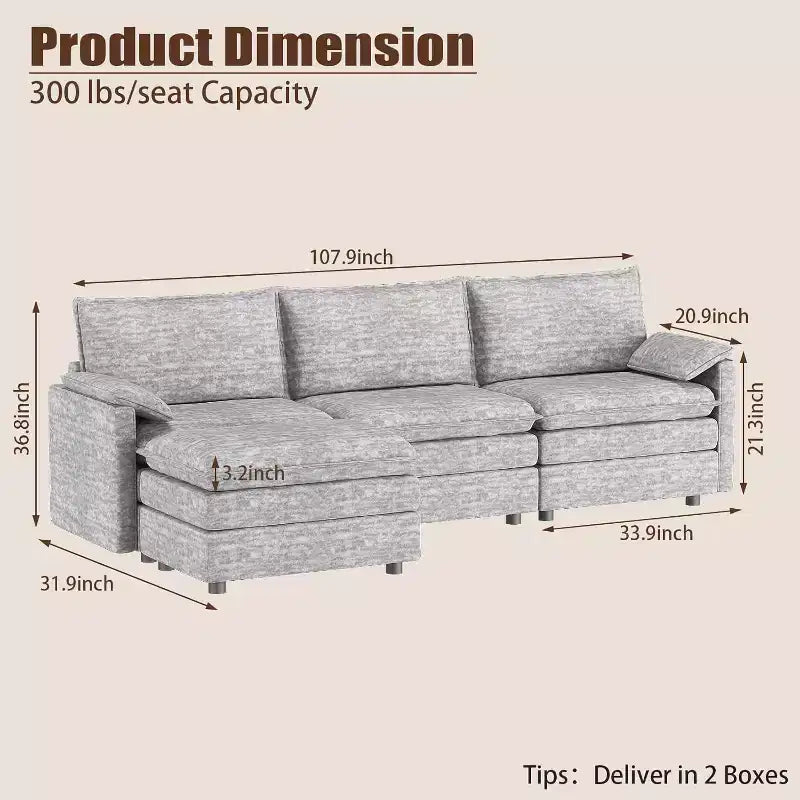 Acekool 108 Modular Sectional Sofa with Ottoman, Deep Seat Cloud Couch, Chenille, L-Shaped, for Living Room