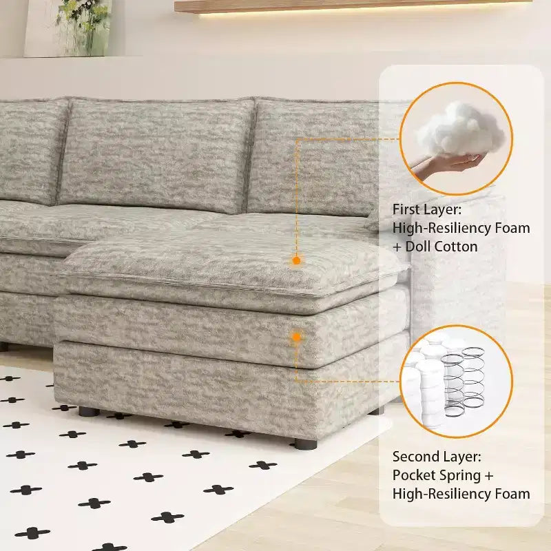 Acekool 108 Modular Sectional Sofa with Ottoman, Deep Seat Cloud Couch, Chenille, L-Shaped, for Living Room