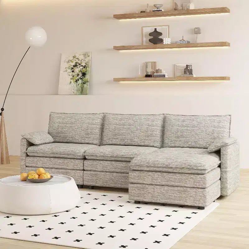 Acekool 108 Modular Sectional Sofa with Ottoman, Deep Seat Cloud Couch, Chenille, L-Shaped, for Living Room