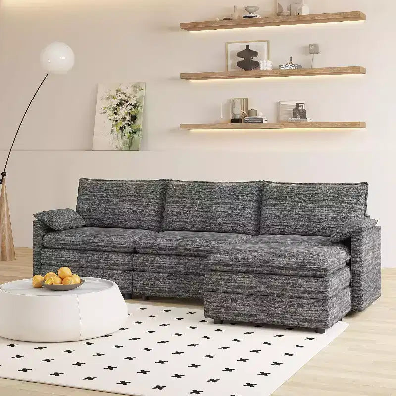 Acekool 108 Modular Sectional Sofa with Ottoman, Deep Seat Cloud Couch, Chenille, L-Shaped, for Living Room