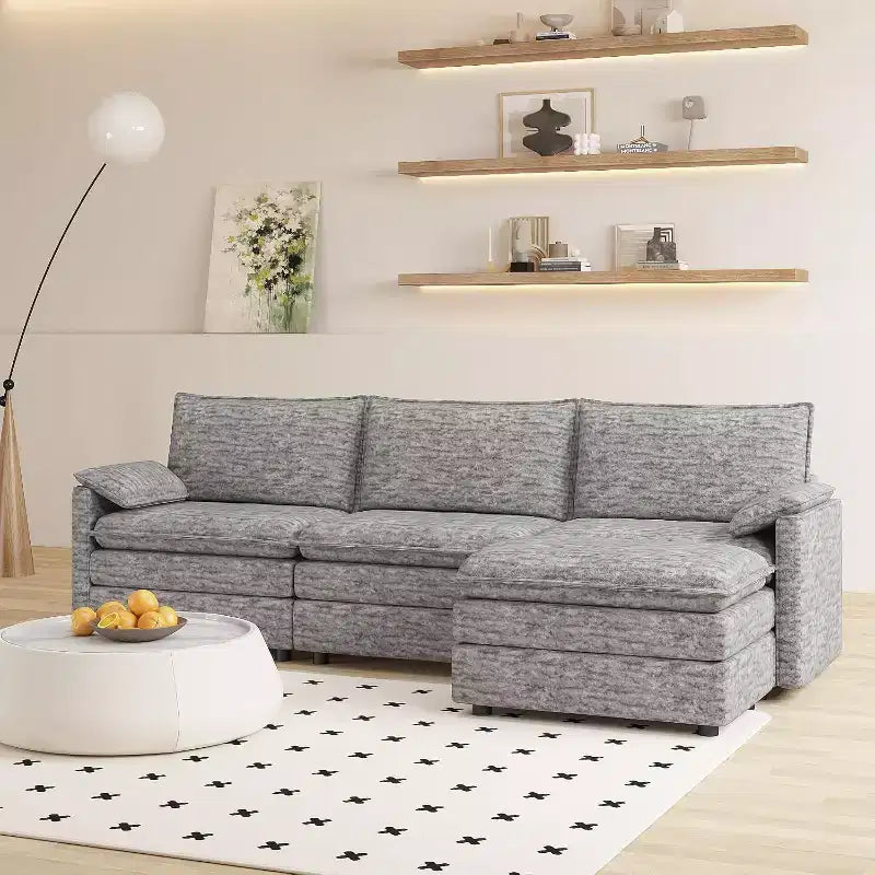 Acekool 108 Modular Sectional Sofa with Ottoman, Deep Seat Cloud Couch, Chenille, L-Shaped, for Living Room