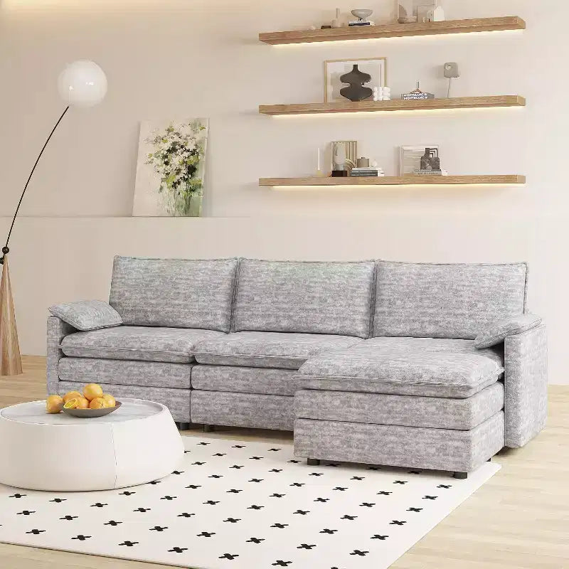 Acekool 108 Modular Sectional Sofa with Ottoman, Deep Seat Cloud Couch, Chenille, L-Shaped, for Living Room