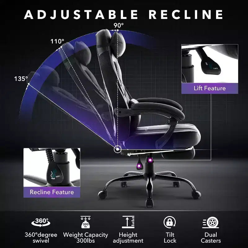 Acekool Ergonomic Gaming Chair for Adults, PU Leather, Massage Lumbar, Footrest, Adjustable, for Office or Gaming