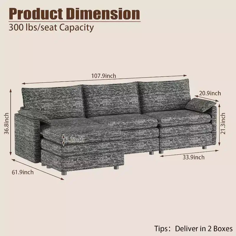 Grand canapé d'angle modulaire 108 places assises profondes, pouf inclus, sièges extra larges et confortables pour salon ou appartement