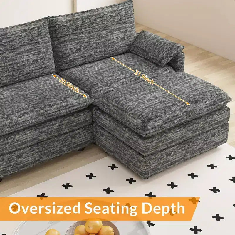Grand canapé d'angle modulaire 108 places assises profondes, pouf inclus, sièges extra larges et confortables pour salon ou appartement
