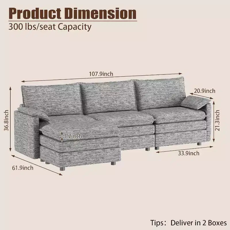 Grand canapé d'angle modulaire 108 places assises profondes, pouf inclus, sièges extra larges et confortables pour salon ou appartement