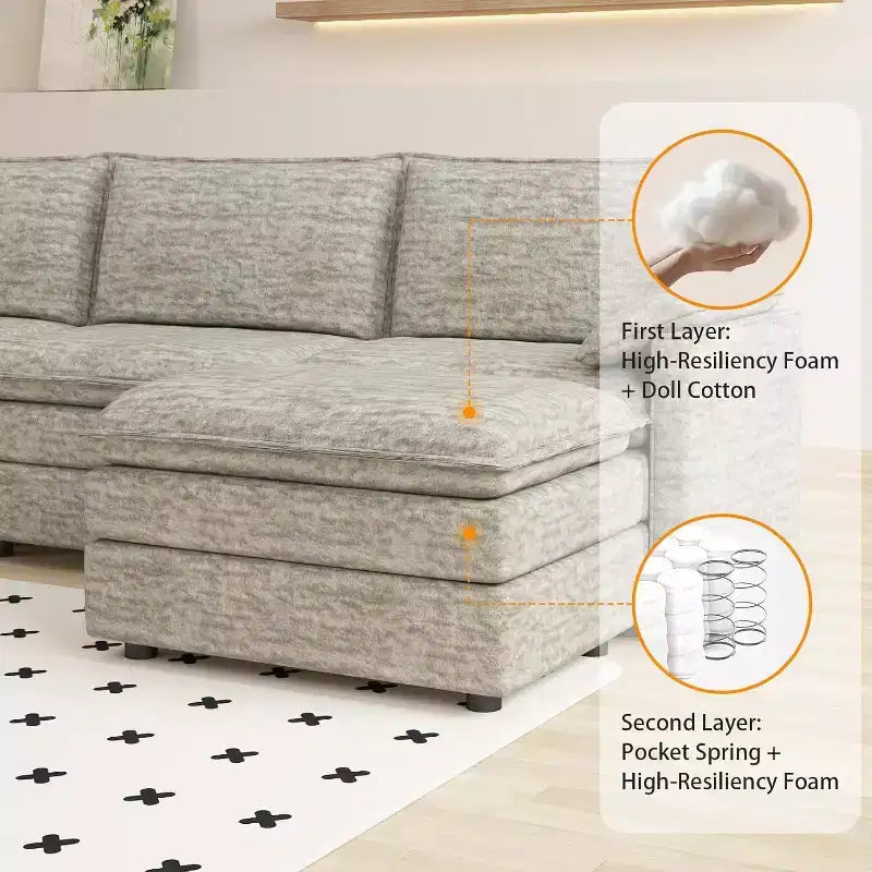Grand canapé d'angle modulaire 108 places assises profondes, pouf inclus, sièges extra larges et confortables pour salon ou appartement