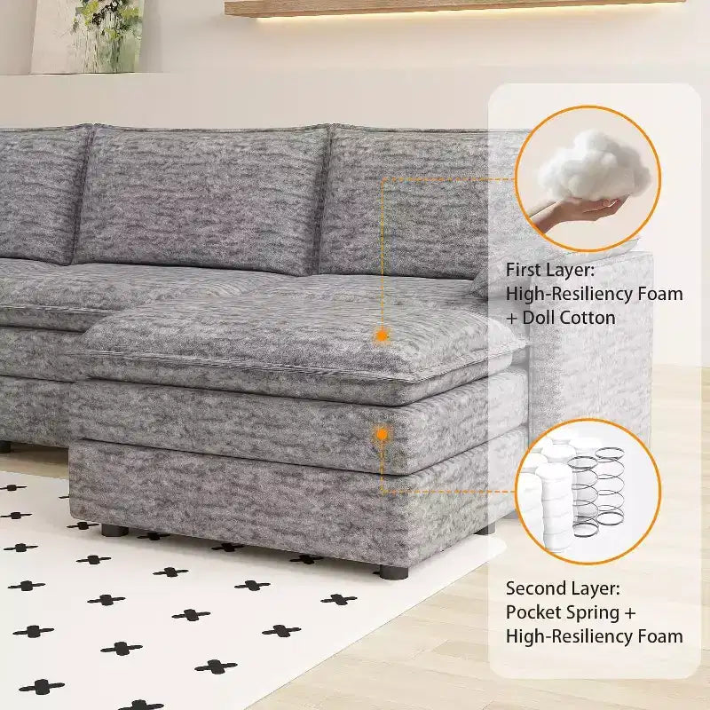Grand canapé d'angle modulaire 108 places assises profondes, pouf inclus, sièges extra larges et confortables pour salon ou appartement
