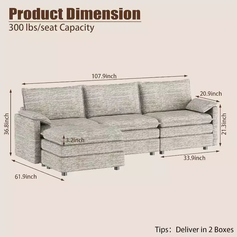Grand canapé d'angle modulaire 108 places assises profondes, pouf inclus, sièges extra larges et confortables pour salon ou appartement