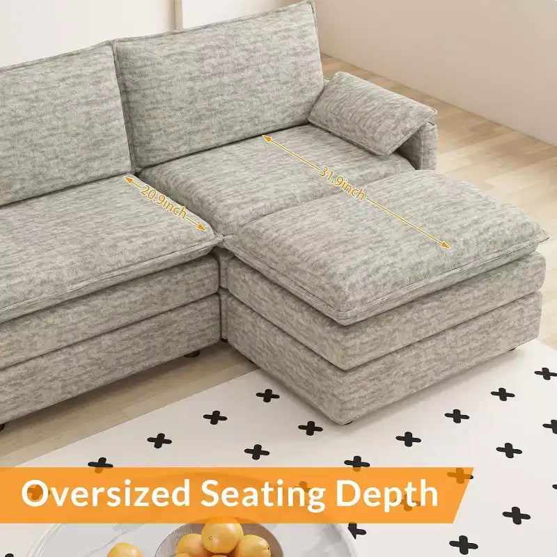 Grand canapé d'angle modulaire 108 places assises profondes, pouf inclus, sièges extra larges et confortables pour salon ou appartement