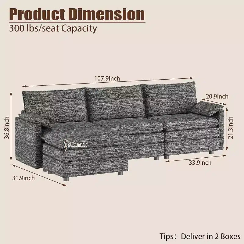 Grand canapé d'angle modulaire 108 places assises profondes, pouf inclus, sièges extra larges et confortables pour salon ou appartement