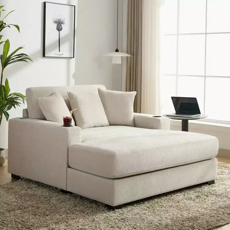 GDFStudio Polly Oversized Chenille Chaise Lounger Sofa with Charge Station and Cup Holders
