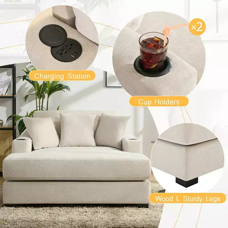 GDFStudio Polly Oversized Chenille Chaise Lounger Sofa with Charge Station and Cup Holders