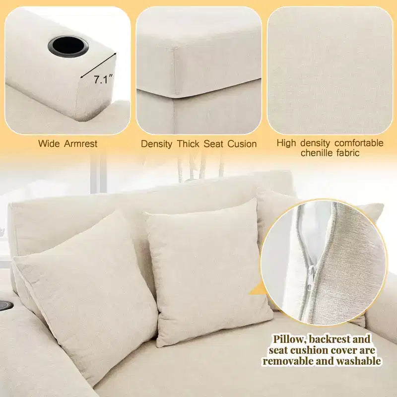 GDFStudio Polly Oversized Chenille Chaise Lounger Sofa with Charge Station and Cup Holders