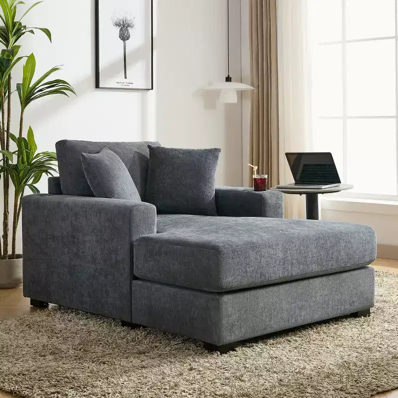 GDFStudio Polly Oversized Chenille Chaise Lounger Sofa with Charge Station and Cup Holders