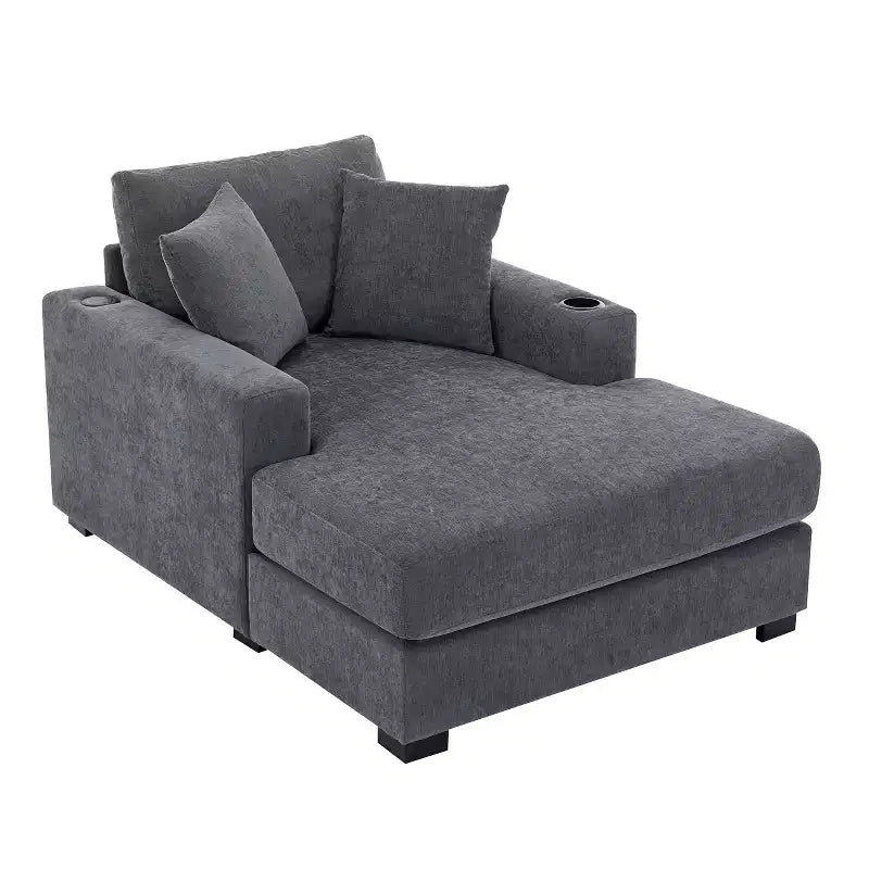 GDFStudio Polly Oversized Chenille Chaise Lounger Sofa with Charge Station and Cup Holders