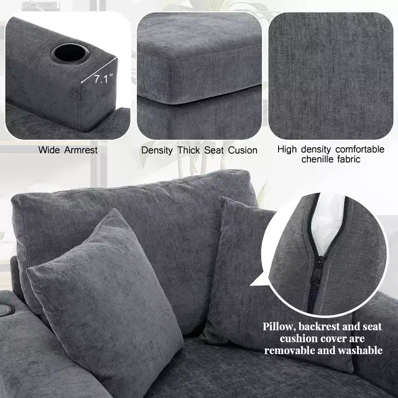 GDFStudio Polly Oversized Chenille Chaise Lounger Sofa with Charge Station and Cup Holders