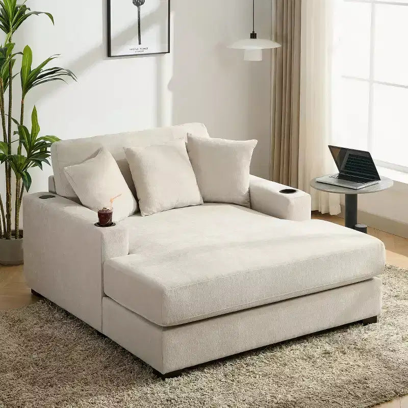 GDFStudio Polly Oversized Chenille Chaise Lounger Sofa with Charge Station and Cup Holders