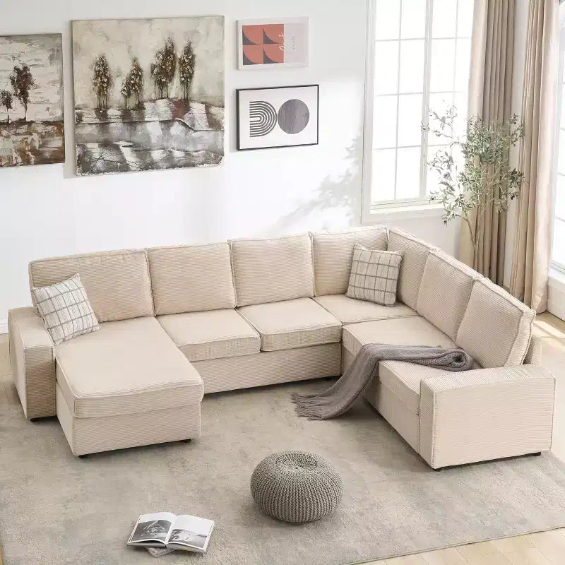 Sofa, Modular Sectional Oversized  Convertible U-Shaped Chaise Sleeper Sofa Wide Armrests Corduroy Cloud Couch for Living Room/Bedroom Beige