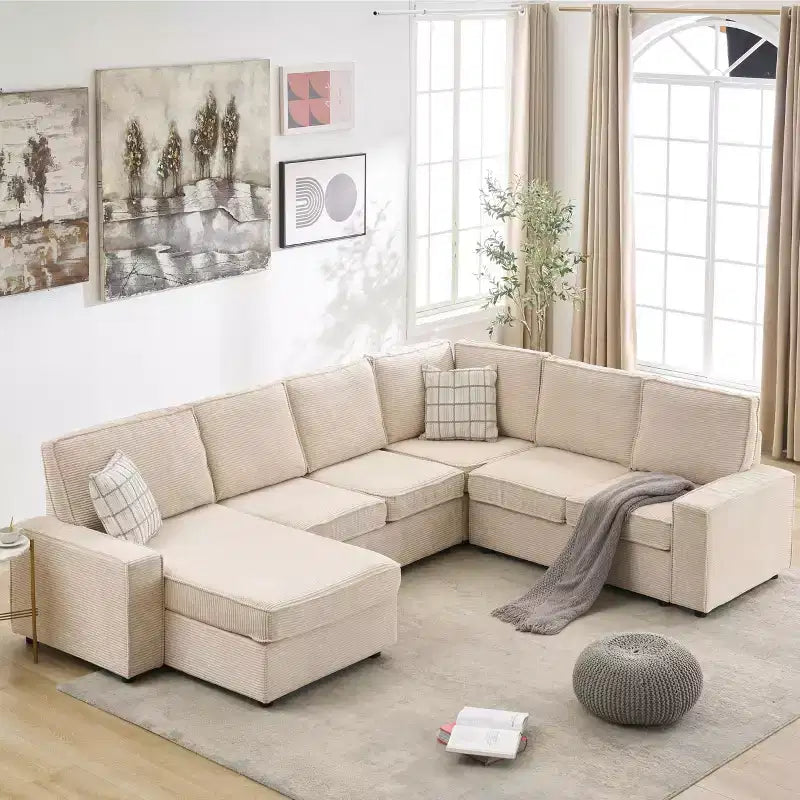 Sofa, Modular Sectional Oversized  Convertible U-Shaped Chaise Sleeper Sofa Wide Armrests Corduroy Cloud Couch for Living Room/Bedroom Beige