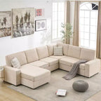 Sofa, Modular Sectional Oversized  Convertible U-Shaped Chaise Sleeper Sofa Wide Armrests Corduroy Cloud Couch for Living Room/Bedroom Beige