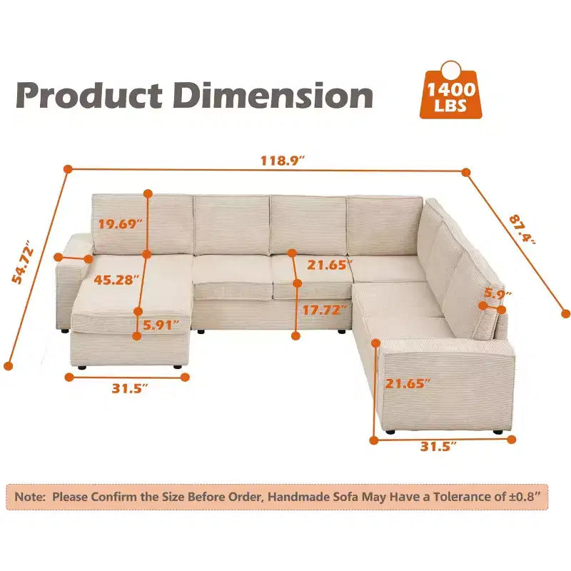 Sofa, Modular Sectional Oversized  Convertible U-Shaped Chaise Sleeper Sofa Wide Armrests Corduroy Cloud Couch for Living Room/Bedroom Beige