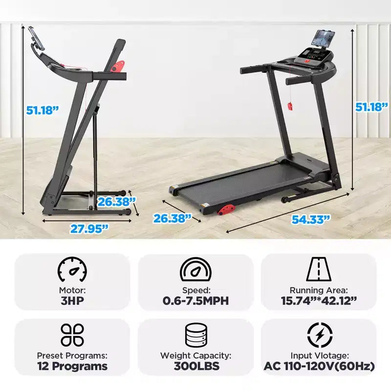 Tapis roulant inclinable de 3 CV avec capacité de 136 kg, tapis de course pliable pour la maison avec deux haut-parleurs, 64+7 programmes, course virtuelle avec application, tapis de marche et de jogging