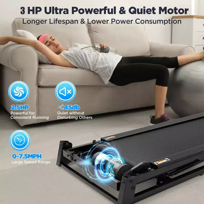 Tapis roulant inclinable de 3 CV avec capacité de 136 kg, tapis de course pliable pour la maison avec deux haut-parleurs, 64+7 programmes, course virtuelle avec application, tapis de marche et de jogging