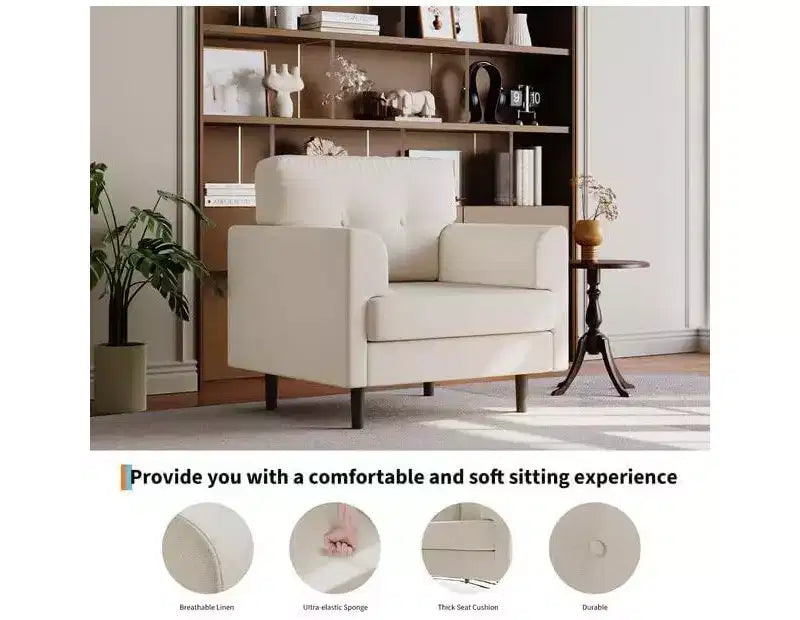 Fauteuil d'appoint ergonomique en lin Acekool, accoudoirs larges et mousse haute densité, fauteuil moderne une place pour le salon
