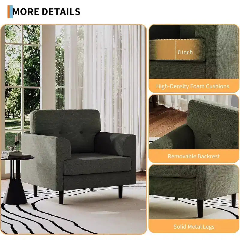 Fauteuil d'appoint ergonomique en lin Acekool, accoudoirs larges et mousse haute densité, fauteuil moderne une place pour le salon