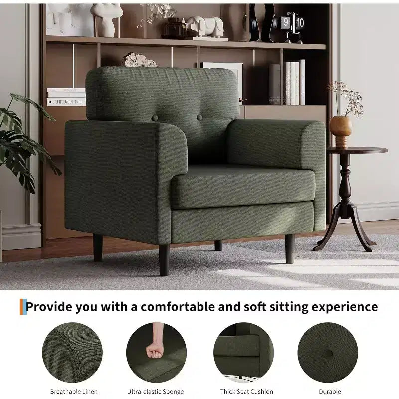 Fauteuil d'appoint ergonomique en lin Acekool, accoudoirs larges et mousse haute densité, fauteuil moderne une place pour le salon