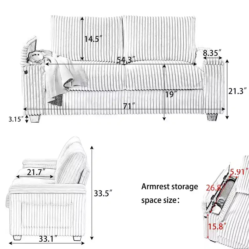71 Modern Corduroy Loveseat Sofa with Storage, Oversized 2-Seater Deep Seat Sofa for Small Living Room or Apartment-Panipeachy