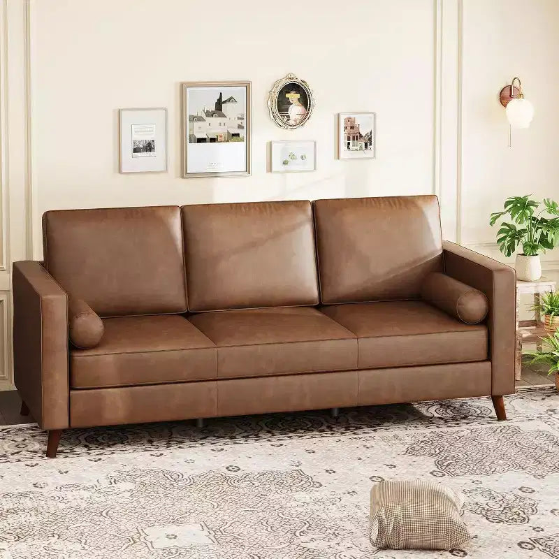 Acekool 86 Inch Mid Century Modern Leather Sofa 3 Seater Deep Seat Couch for Living Room
