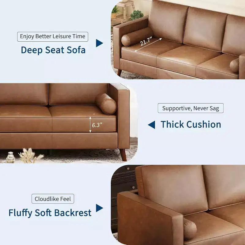 Acekool 86 Inch Mid Century Modern Leather Sofa 3 Seater Deep Seat Couch for Living Room