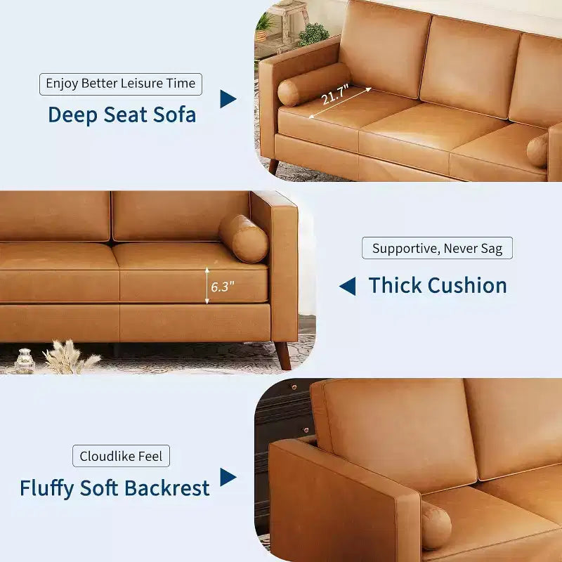Acekool 86 Inch Mid Century Modern Leather Sofa 3 Seater Deep Seat Couch for Living Room