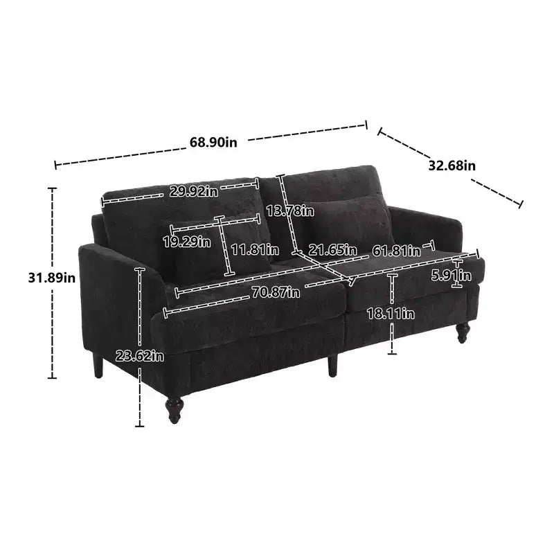 PexFix 69 Mid Century Modern Chenille Fabric Loveseat Sofa 2-Seat Upholstered Loveseat Sofa Couch for Living Room Bedroom Brown Wood Feet Sofa