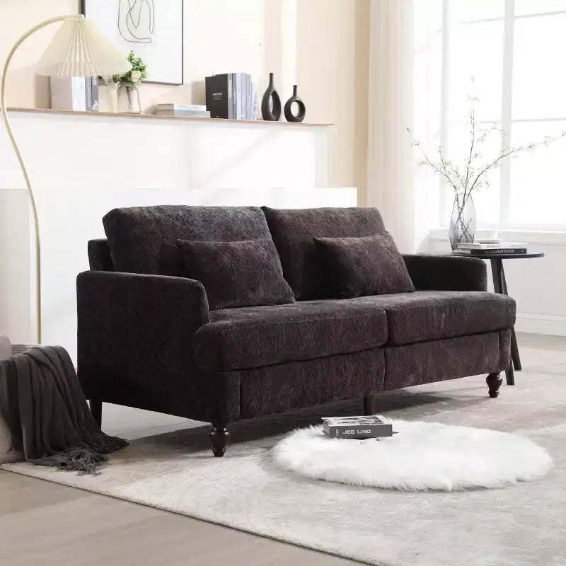 PexFix 69 Mid Century Modern Chenille Fabric Loveseat Sofa 2-Seat Upholstered Loveseat Sofa Couch for Living Room Bedroom Brown Wood Feet Sofa