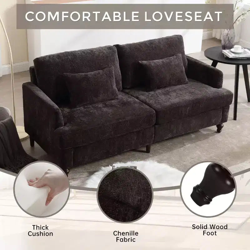 PexFix 69 Mid Century Modern Chenille Fabric Loveseat Sofa 2-Seat Upholstered Loveseat Sofa Couch for Living Room Bedroom Brown Wood Feet Sofa