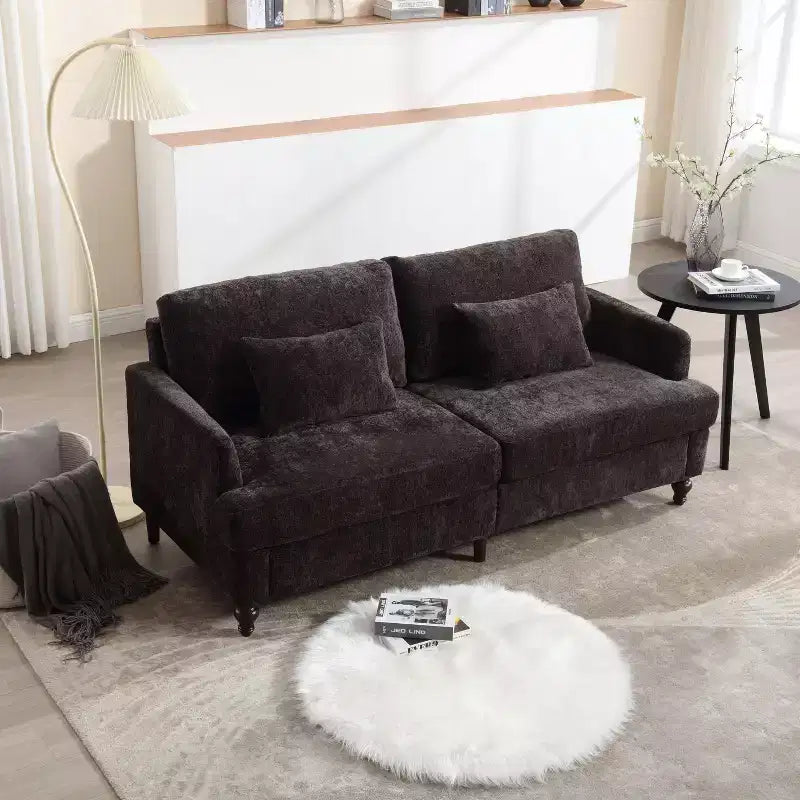 PexFix 69 Mid Century Modern Chenille Fabric Loveseat Sofa 2-Seat Upholstered Loveseat Sofa Couch for Living Room Bedroom Brown Wood Feet Sofa