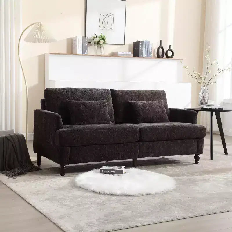 PexFix 69 Mid Century Modern Chenille Fabric Loveseat Sofa 2-Seat Upholstered Loveseat Sofa Couch for Living Room Bedroom Brown Wood Feet Sofa