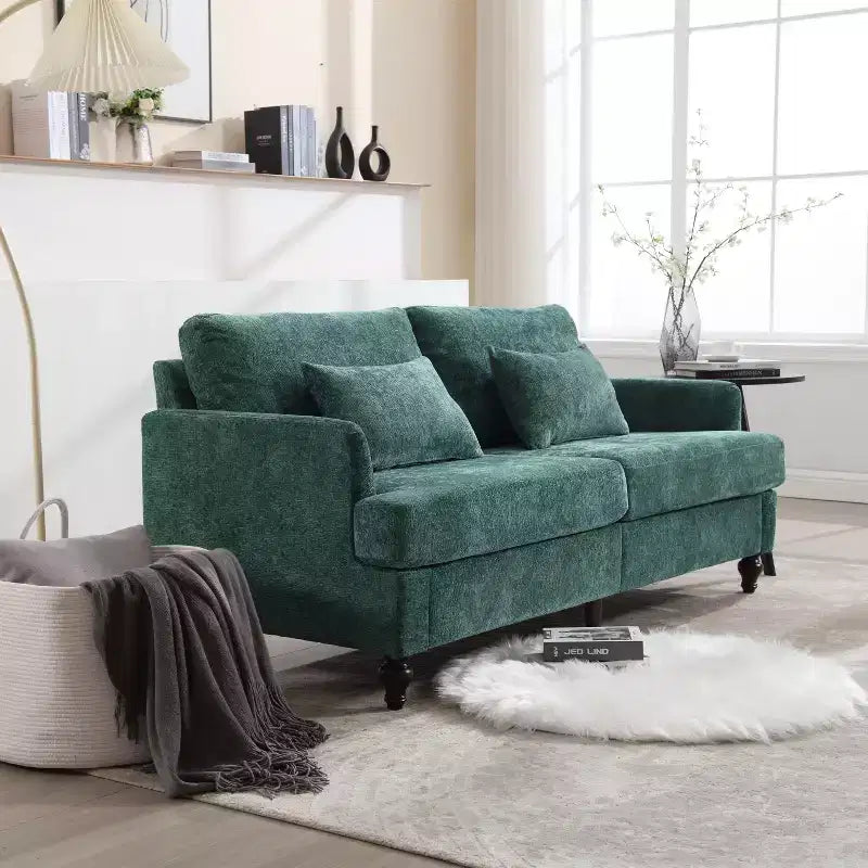 PexFix 69 Mid Century Modern Chenille Fabric Loveseat Sofa 2-Seat Upholstered Loveseat Sofa Couch for Living Room Bedroom Brown Wood Feet Sofa