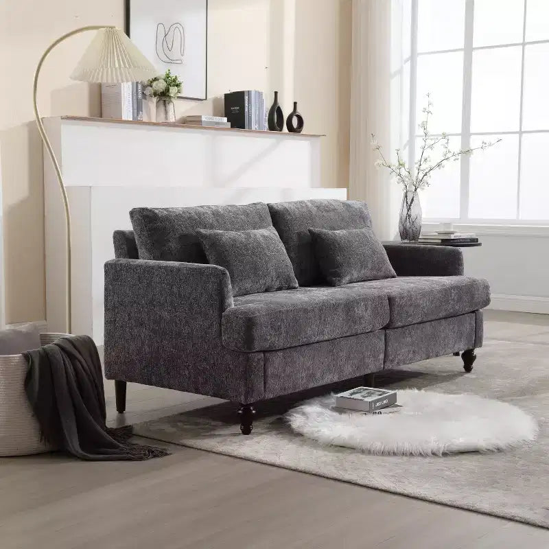 PexFix 69 Mid Century Modern Chenille Fabric Loveseat Sofa 2-Seat Upholstered Loveseat Sofa Couch for Living Room Bedroom Brown Wood Feet Sofa