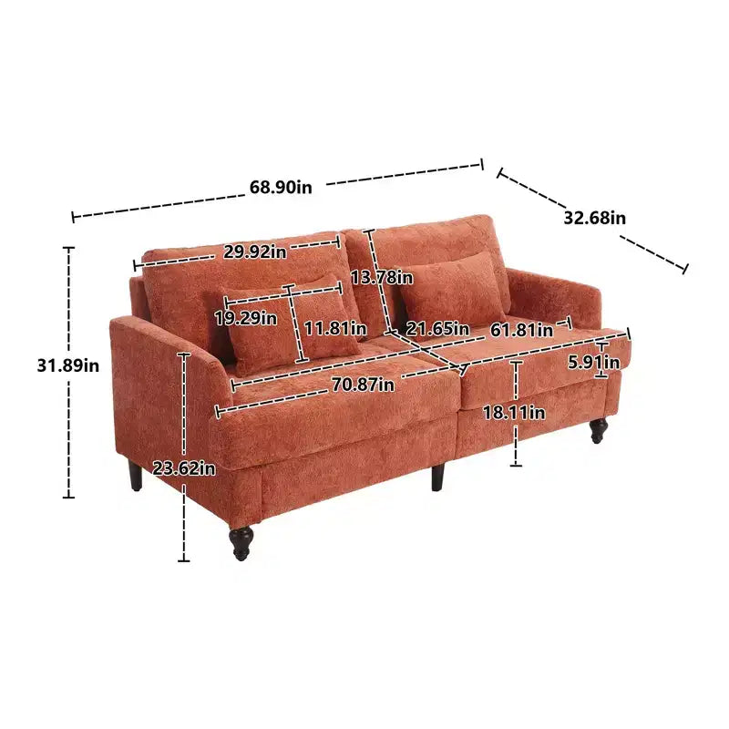 PexFix 69 Mid Century Modern Chenille Fabric Loveseat Sofa 2-Seat Upholstered Loveseat Sofa Couch for Living Room Bedroom Brown Wood Feet Sofa