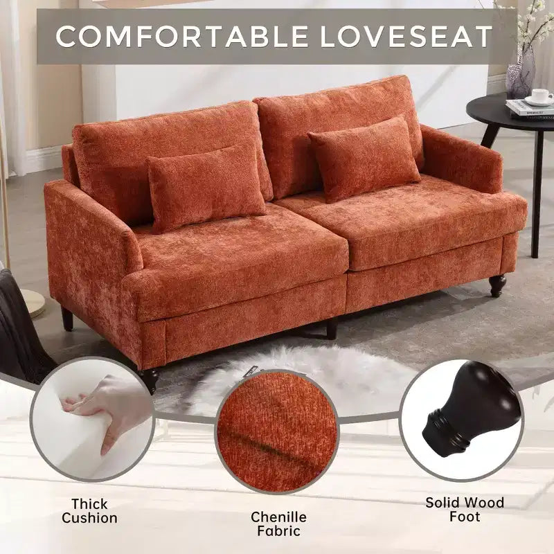 PexFix 69 Mid Century Modern Chenille Fabric Loveseat Sofa 2-Seat Upholstered Loveseat Sofa Couch for Living Room Bedroom Brown Wood Feet Sofa