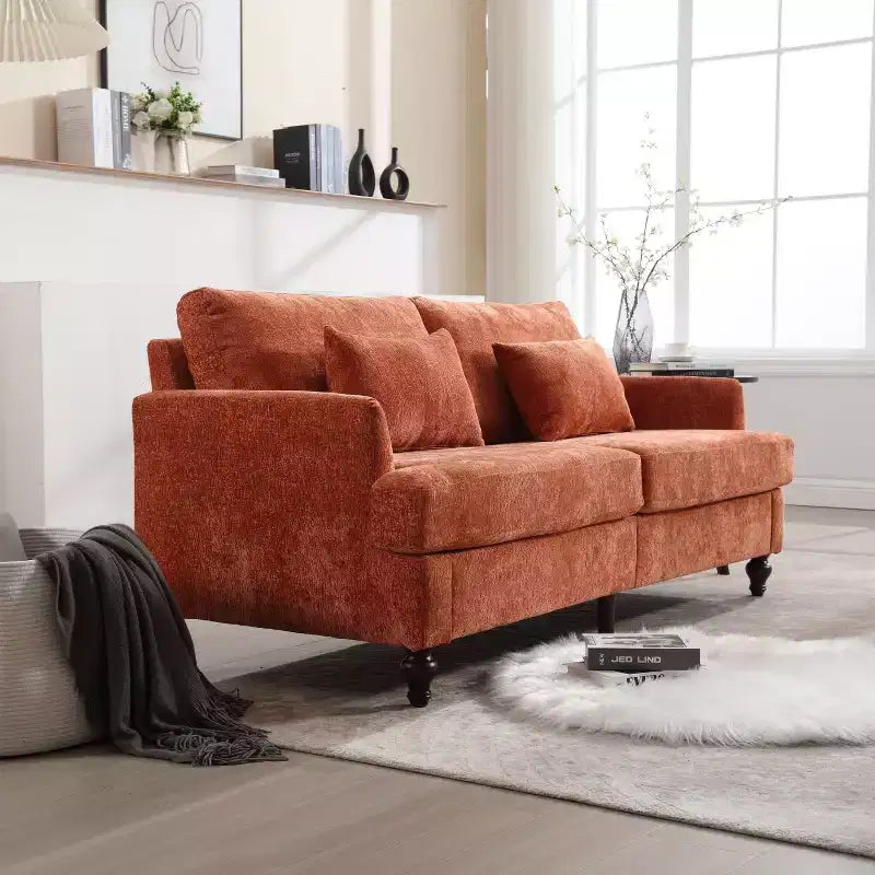 PexFix 69 Mid Century Modern Chenille Fabric Loveseat Sofa 2-Seat Upholstered Loveseat Sofa Couch for Living Room Bedroom Brown Wood Feet Sofa