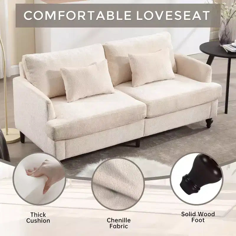 PexFix 69 Mid Century Modern Chenille Fabric Loveseat Sofa 2-Seat Upholstered Loveseat Sofa Couch for Living Room Bedroom Brown Wood Feet Sofa
