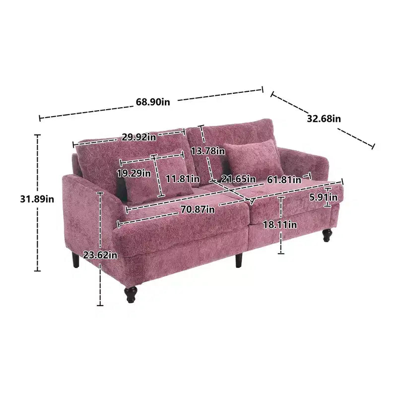 PexFix 69 Mid Century Modern Chenille Fabric Loveseat Sofa 2-Seat Upholstered Loveseat Sofa Couch for Living Room Bedroom Brown Wood Feet Sofa